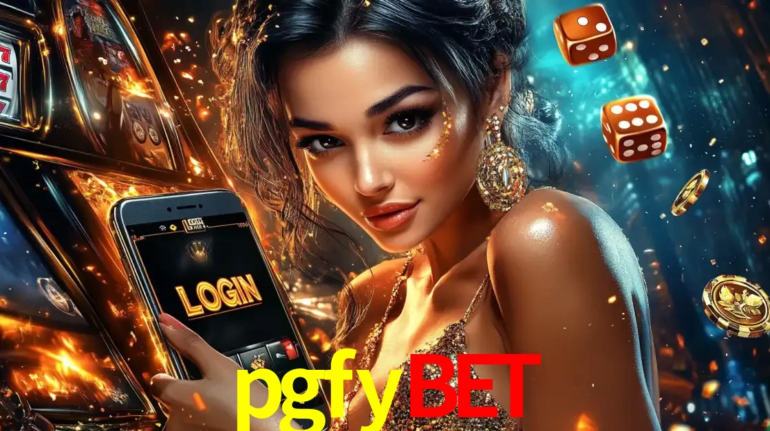 Mulher glamourosa segurando um celular com a tela de login do cassino pgfybet, rodeada por dados e moedas douradas, pronta para começar a diversão.