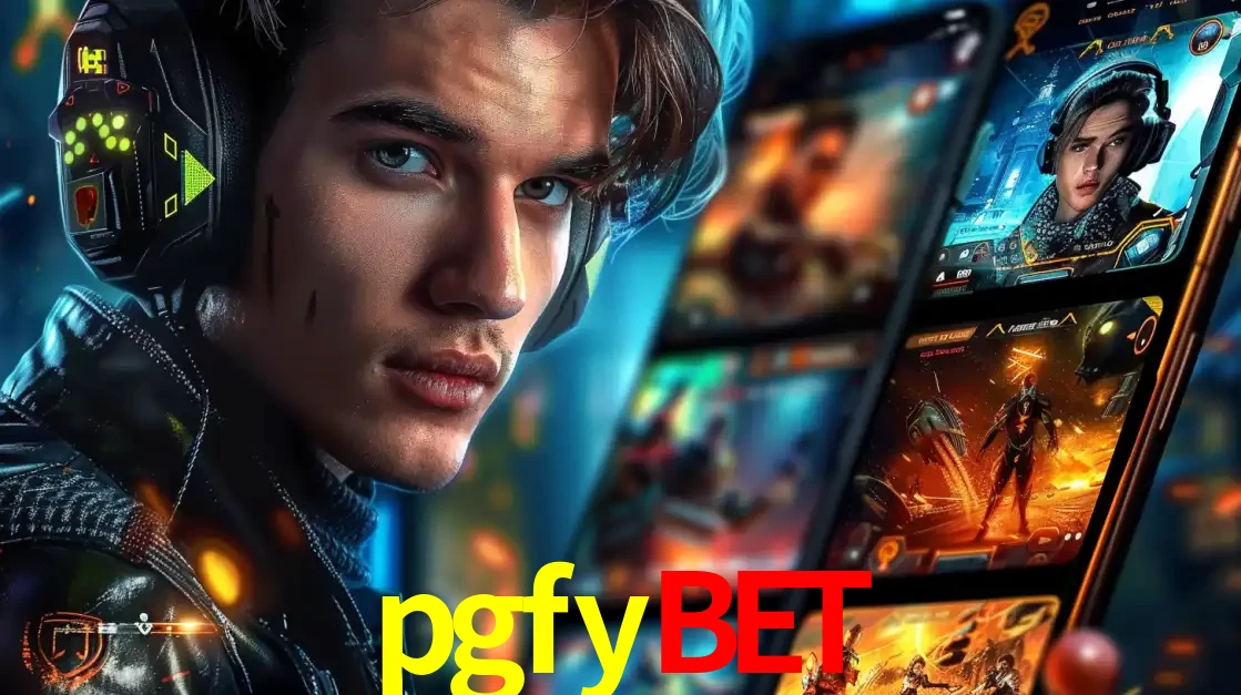 Jovem jogador com fones de ouvido olhando para a câmera, com um aplicativo de jogos e e-sports para celular ao fundo, pronto para a competição e apostas no pgfybet.