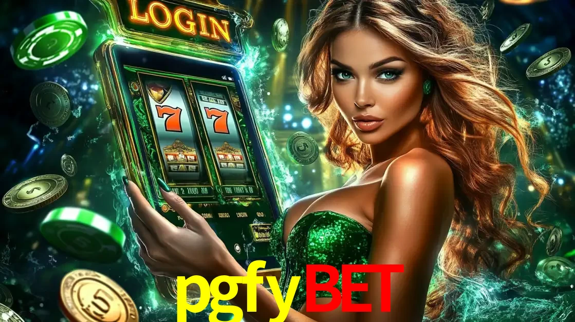 Mulher com tema verde apresentando o aplicativo do cassino pgfybet com um jogo de slot de 777, cercada por fichas de cassino e uma aura de sorte.