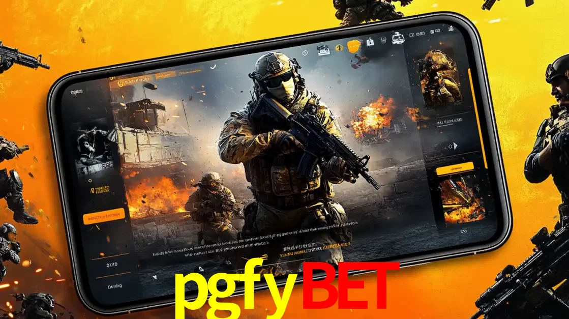 Um smartphone exibindo a interface de um jogo de tiro em primeira pessoa, com um soldado em um cenário de batalha, representando a ação dos e-sports para apostar no pgfybet.