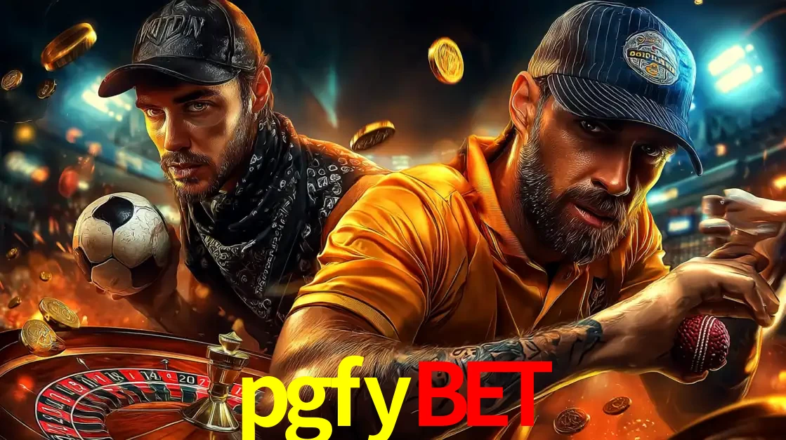 Montagem de apostas esportivas e cassino no pgfybet, com um homem segurando uma bola de futebol e outro uma de beisebol sobre uma roleta e moedas voadoras.