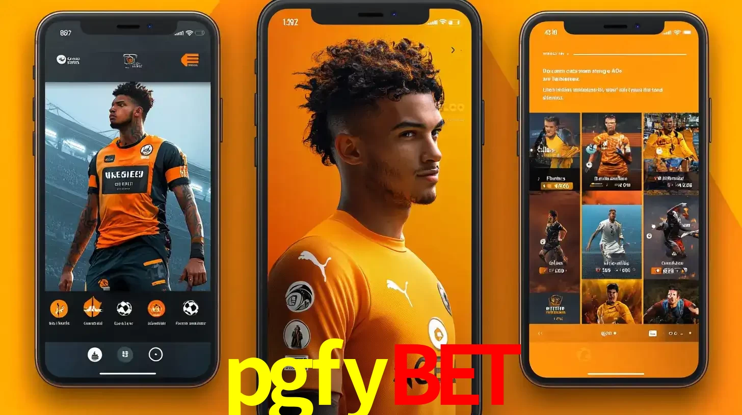 Interface do aplicativo de apostas esportivas pgfybet em três telas de celular, mostrando o perfil de um jogador de futebol e a lista de jogos disponíveis para apostar.