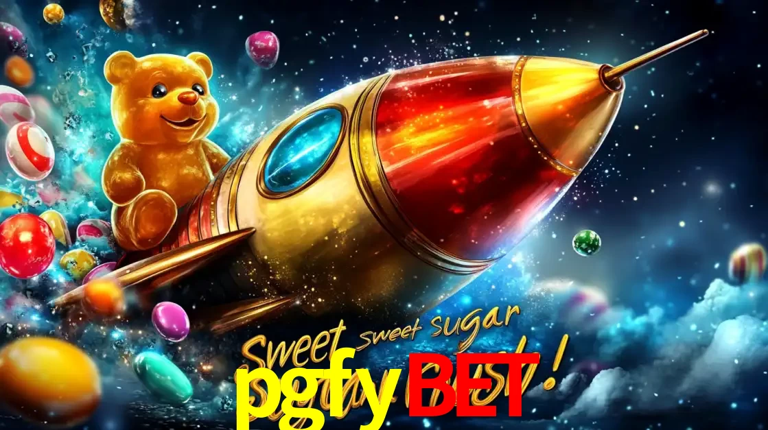 Arte promocional do jogo de slot Sugar Rush, com um urso de pelúcia em um foguete viajando pelo espaço de doces, um dos jogos divertidos disponíveis no cassino pgfybet.