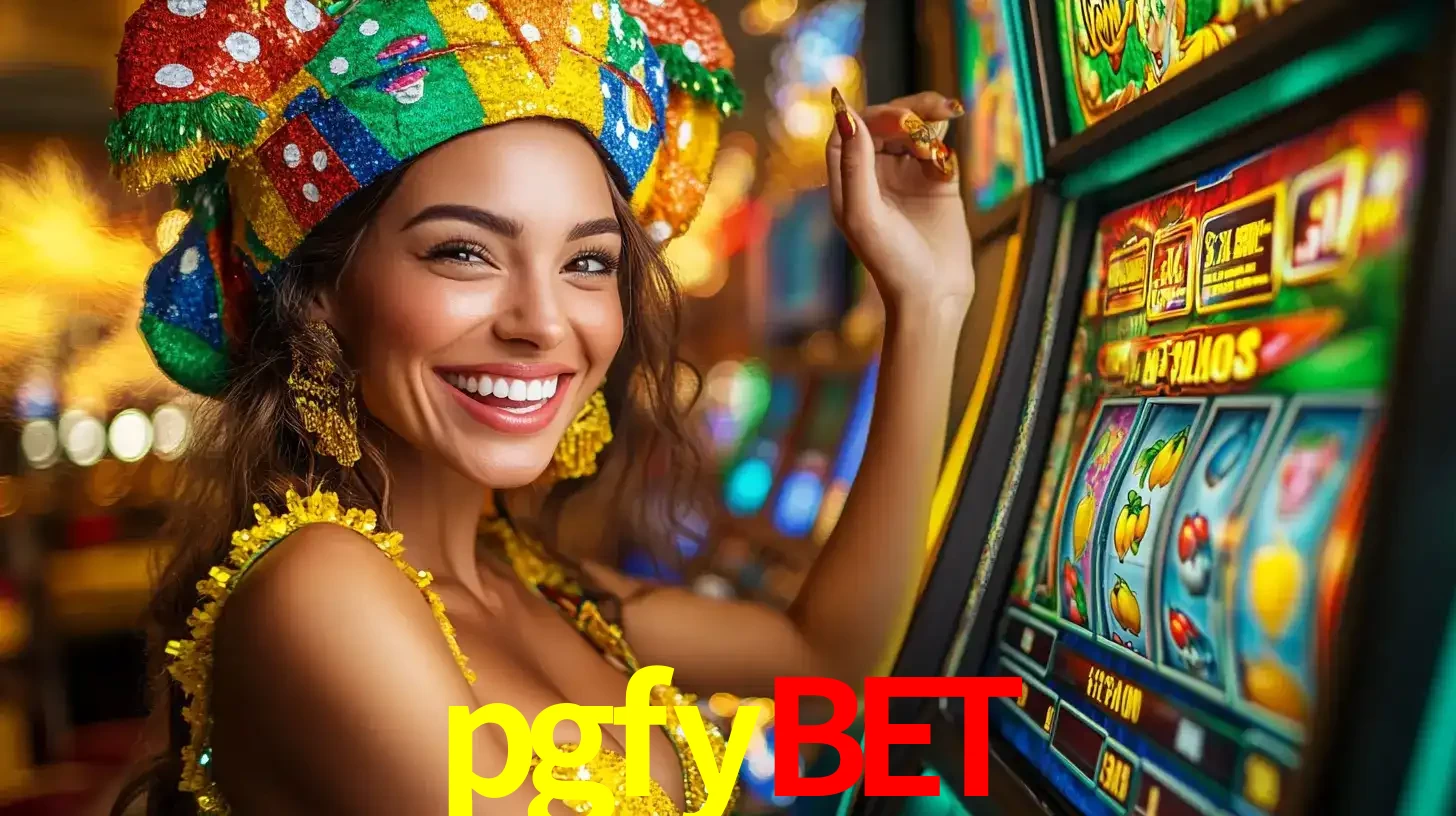 Mulher feliz com traje de carnaval amarelo e colorido ao lado de uma máquina de caça-níqueis, aproveitando a diversão e os jogos temáticos do cassino pgfybet.