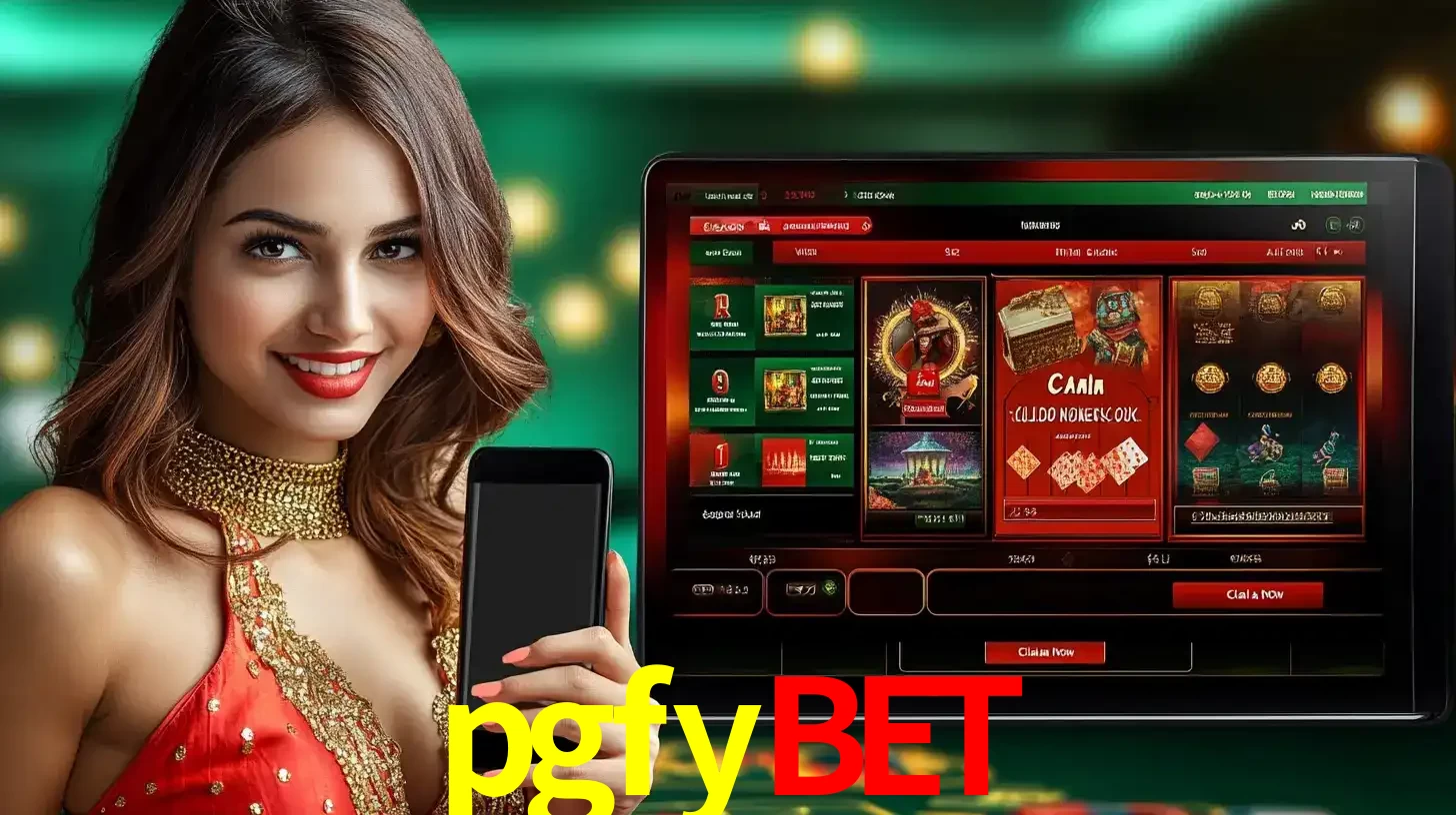 Mulher sorridente segurando um smartphone, ao lado de uma tela exibindo o lobby de jogos do cassino online pgfybet, com várias opções de jogos de cartas e slots.